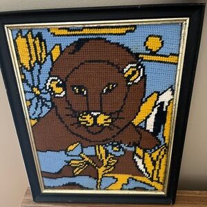 Vintage Framed  Lion Savanna Crewel Needlepoint 12"x9"